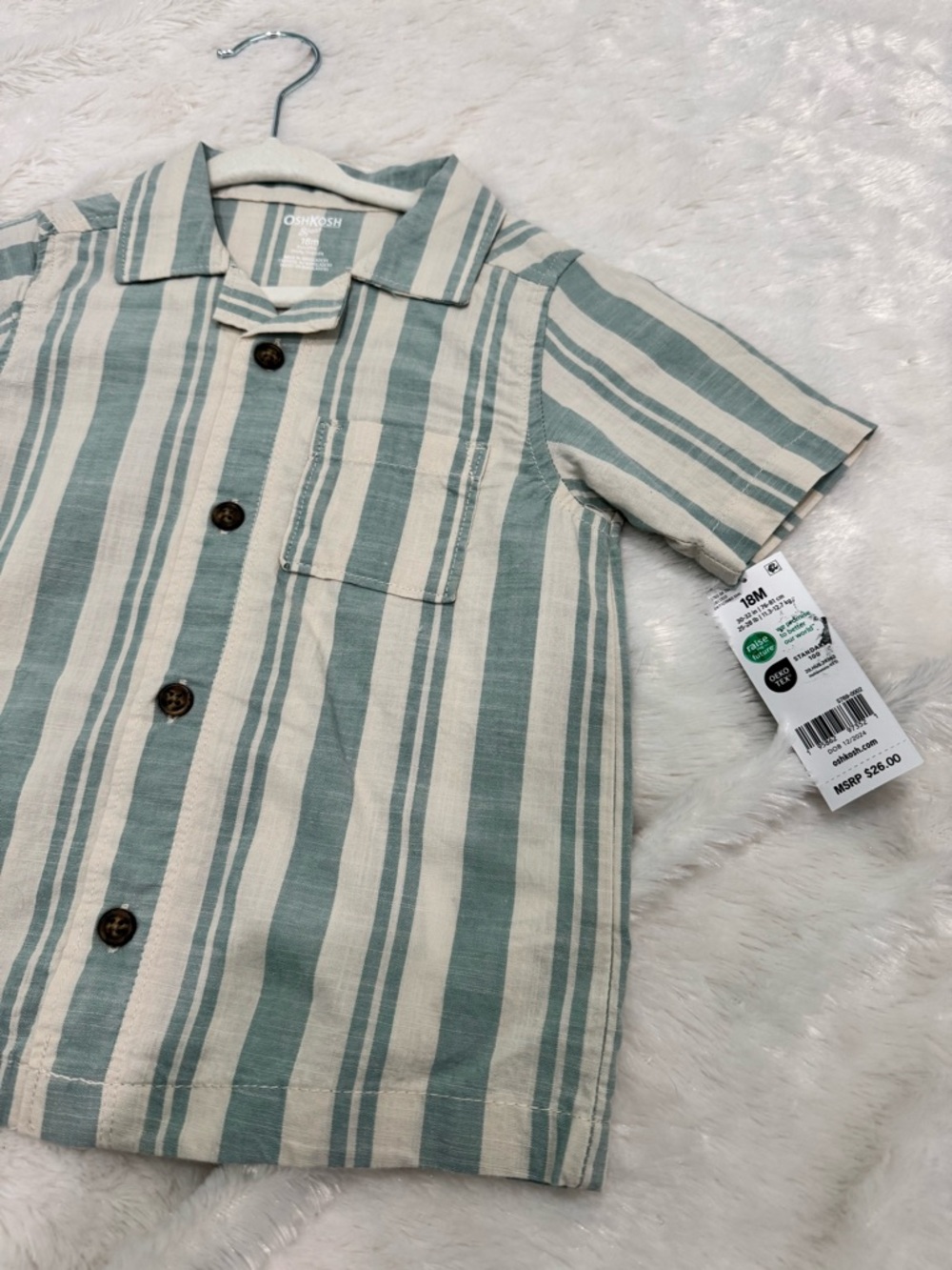 OshKosh B'gosh NWT Green and Cream Striped Short Sleeve Button Shirt